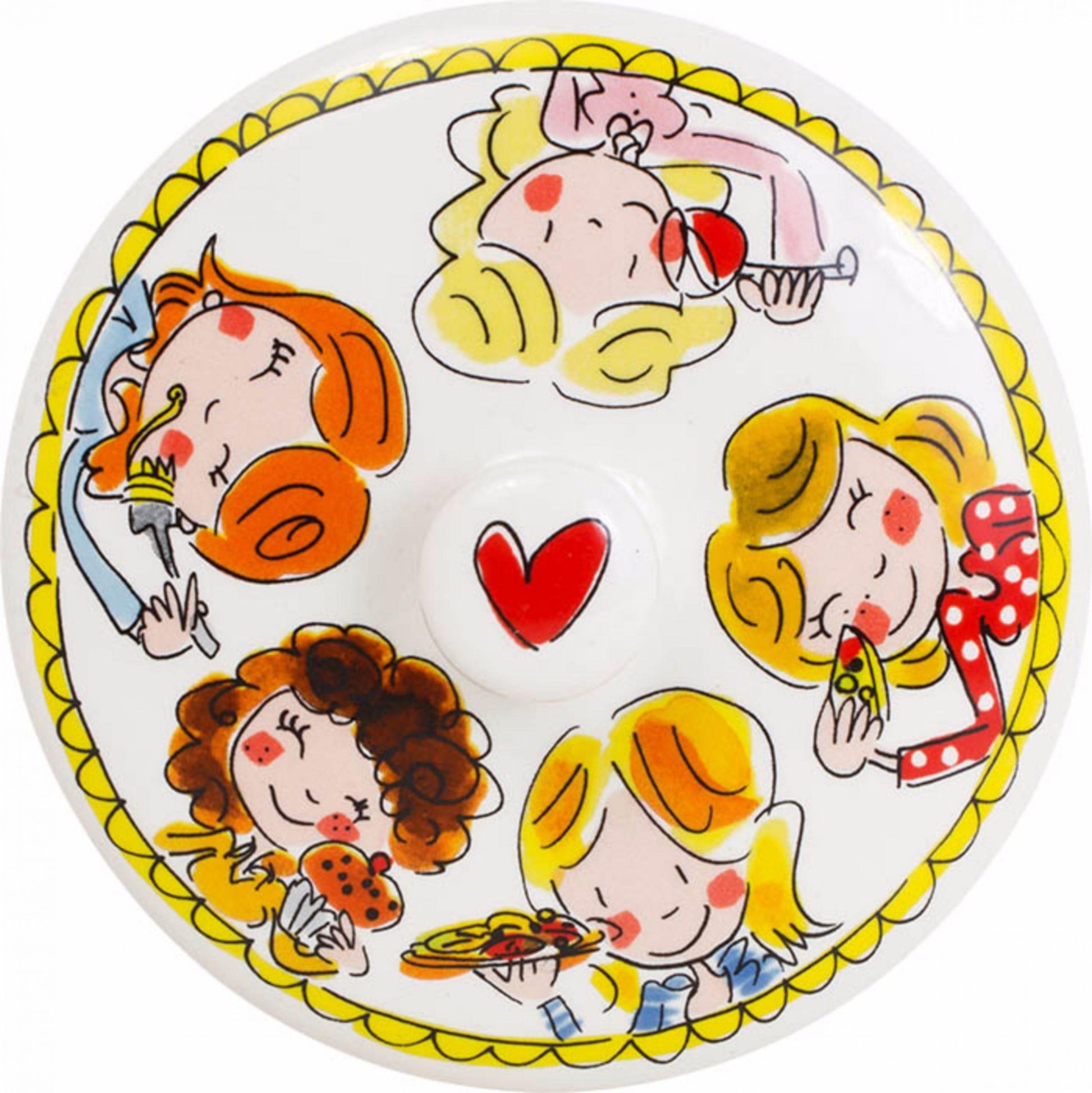 Blond Amsterdam voorraaddeksel van bovenaf met vriendinnen rond een rood hartje