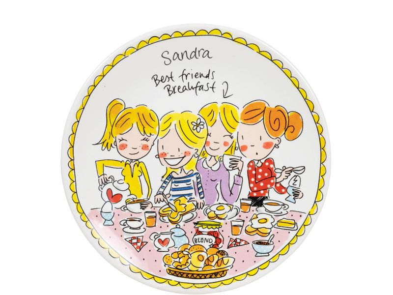 Blond Amsterdam ontbijtbord Girls van bovenaf met naam Sandra en vier vriendinnen aan het ontbijt
