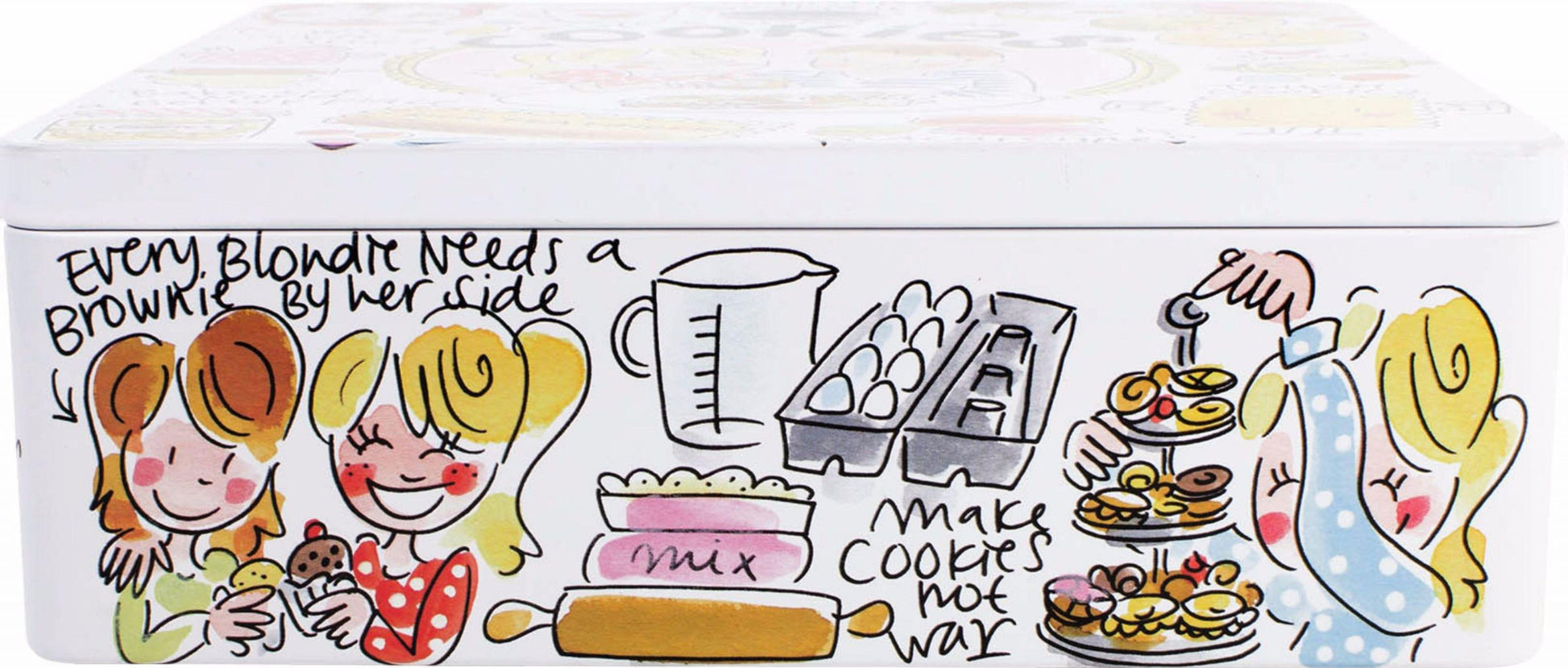 Blond Amsterdam koekjesblik andere zijde met bakkende meisjes en tekst make cookies not war