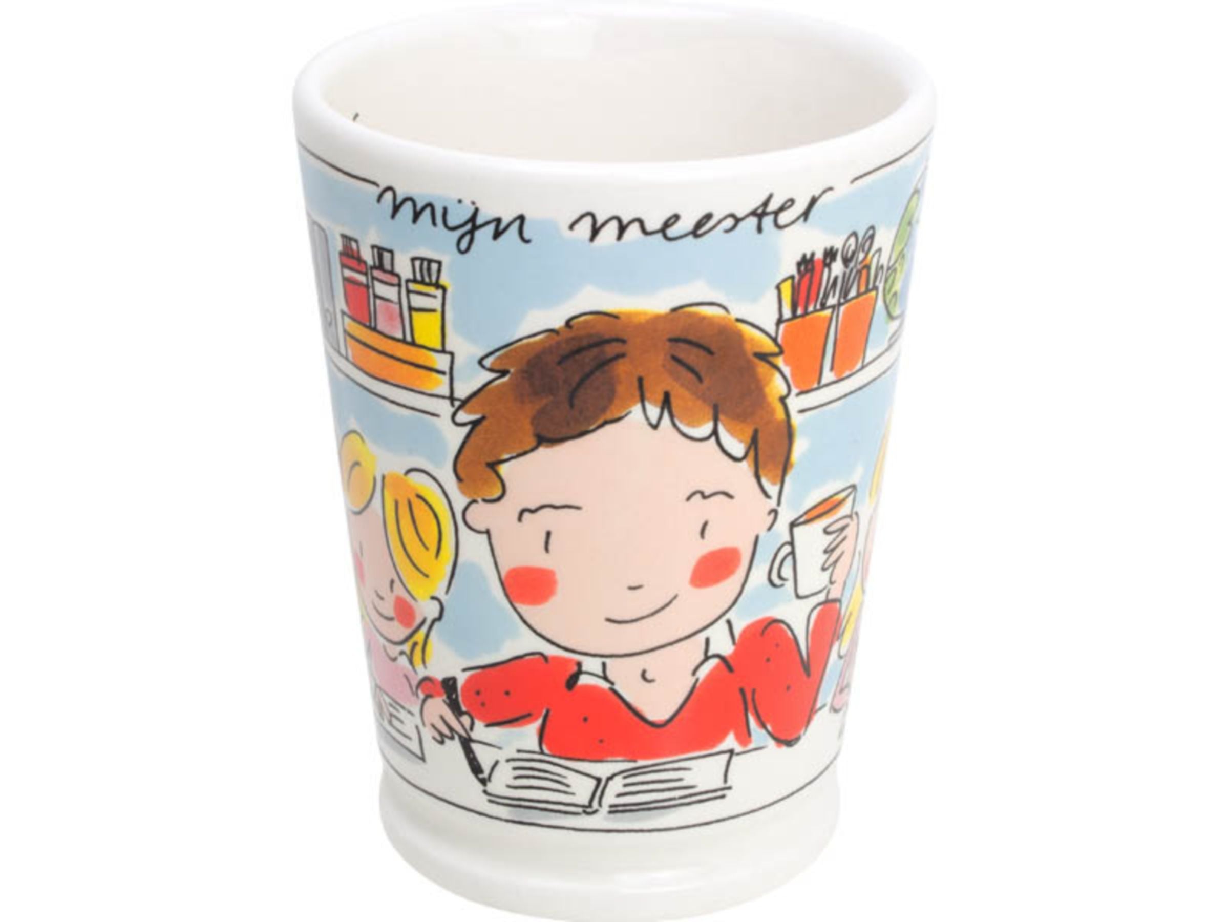 Blond Amsterdam Mazagran mok 'Mijn Meester' met tekening van lachende leraar in het klaslokaal.