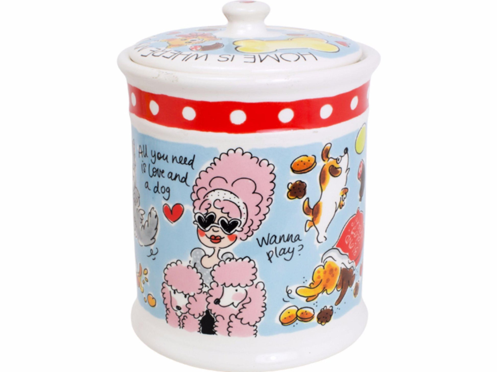 Blond Amsterdam voorraadpot met deksel, decor van roze poedel, hondjes en 'All you need is love and a dog'.