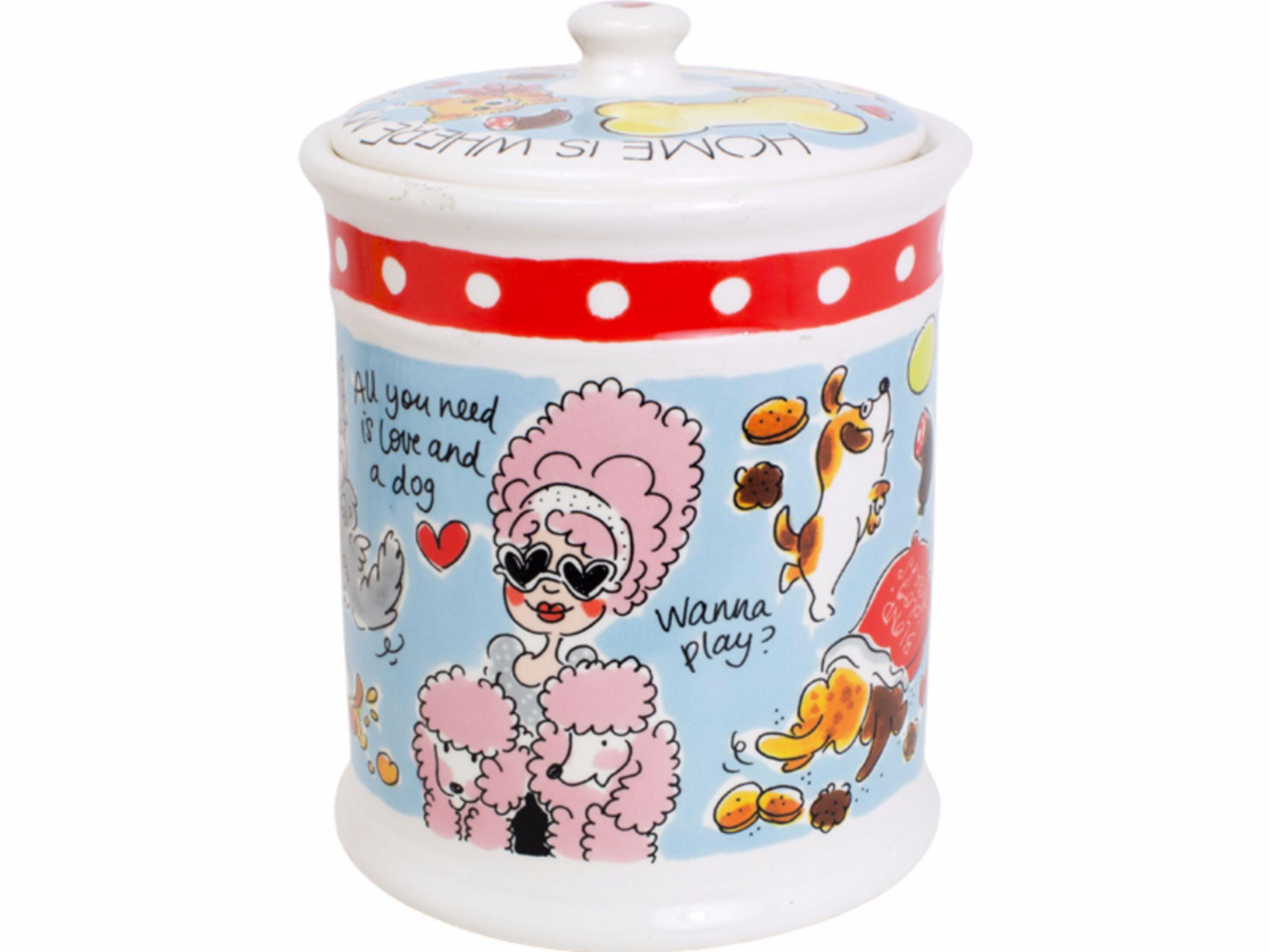 Blond Amsterdam voorraadpot met deksel, decor van roze poedel, hondjes en 'All you need is love and a dog'.