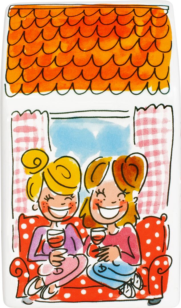 Huisvormige Blond Amsterdam spaarpot met illustratie van een meisje bij een bloemenwinkel en de tekst welcome.