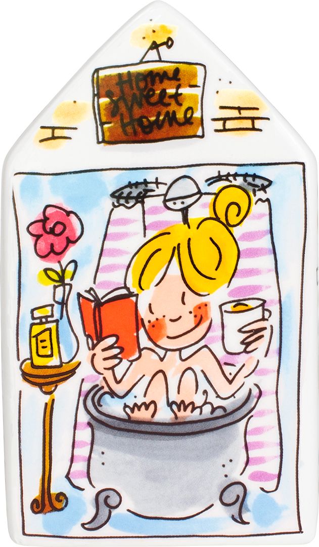 Achterkant van de huisvormige Blond Amsterdam spaarpot met illustratie van twee vrouwen met wijn op een bank.