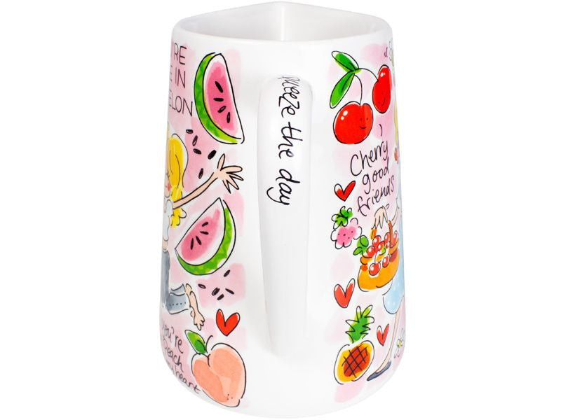 Blond Amsterdam Even Bijkletsen sapkan met handvat, decor van watermeloen, kersen en ander fruit met 'Squeeze the day'.