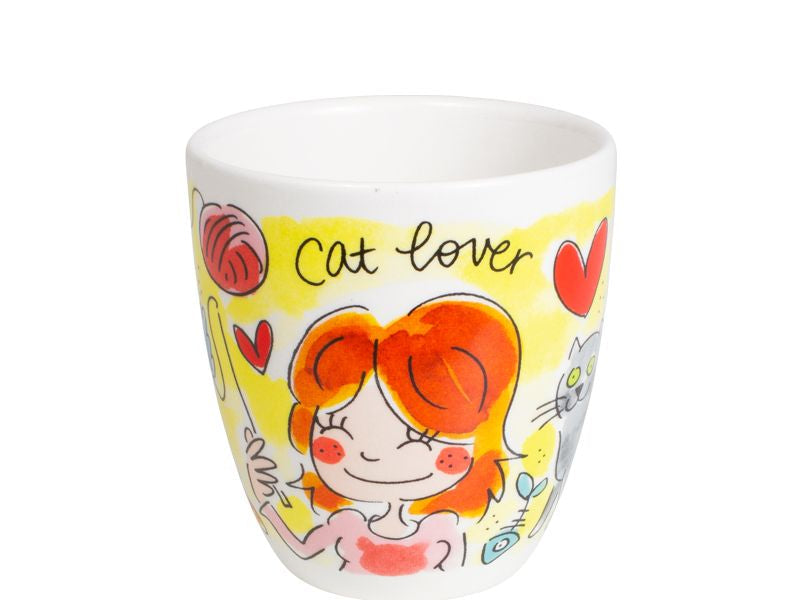 Blond Amsterdam Dieren minimok Cat Lover met roodharig meisje, kat, hartjes en bol wol.