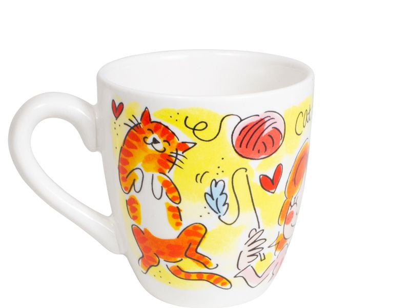 Blond Amsterdam Dieren minimok, decor van dansende oranje kat met bol wol en hartjes op geel.