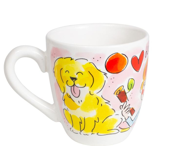Blond Amsterdam Dieren minimok, decor met gele hond, hartje en teckel op roze achtergrond.