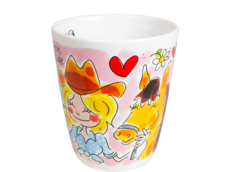 Blond Amsterdam beker Horse Lover met meisje in cowboyhoed en paard, roze achtergrond