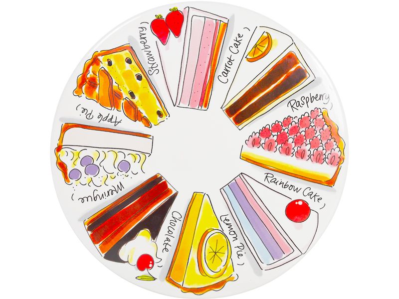 Blond Amsterdam Even Bijkletsen taartstandaard van bovenaf met taartpunten en namen als Carrot Cake en Rainbow Cake.