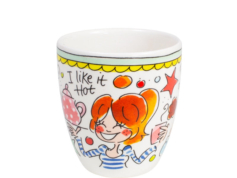 Blond Amsterdam Even Bijkletsen minimok met roodharig meisje, theepot en 'I like it hot'.