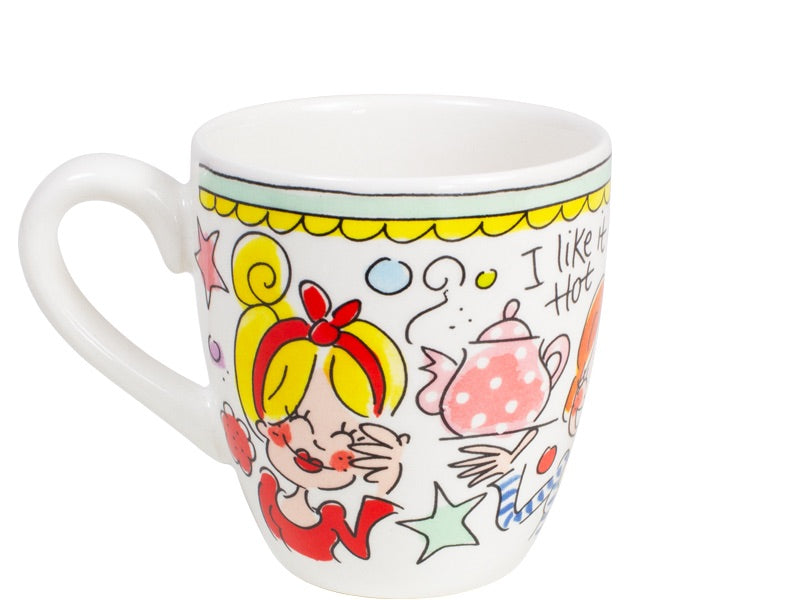 Blond Amsterdam minimok met oor, blond meisje met strik, gestipte theepot en 'I like it hot'.