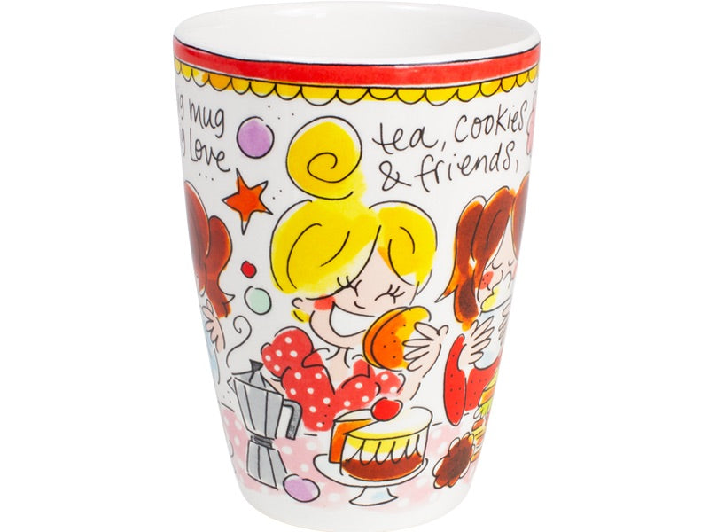 Blond Amsterdam Even Bijkletsen beker XL met blond meisje, koekje en 'tea, cookies & friends'.
