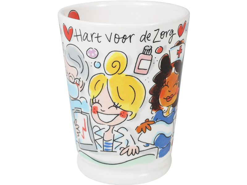 Blond Amsterdam Mazagran mok Hart voor de Zorg met blonde verpleegkundige, hartjes en medicijnen.