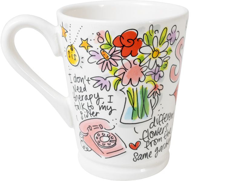 Blond Amsterdam Mazagran mok met oor, boeket bloemen, roze telefoon en 'I don't need therapy, I talk to my sister'.
