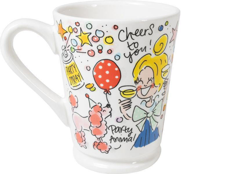 Blond Amsterdam Forever Young mok van opzij met oor, tekening van meisje met glas en Cheers to you