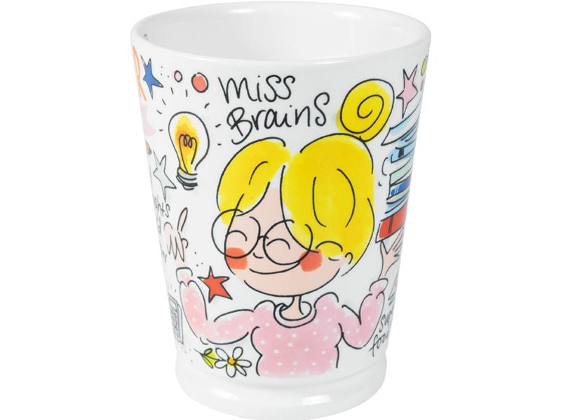 Blond Amsterdam Mazagran mok Miss Brains met blond meisje met bril en stapel boeken