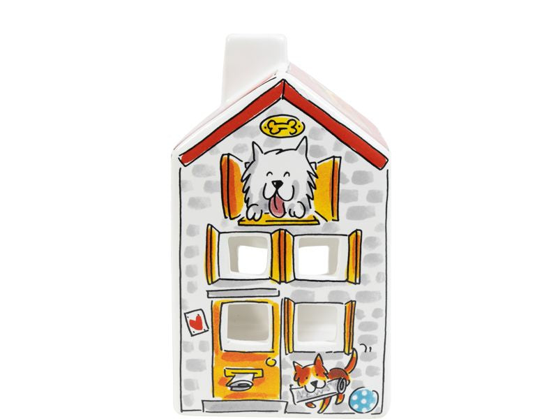 Blond Amsterdam Lichthuisje Dog Lover met de tekst 'Home is where my dog is' en 'Let me out'