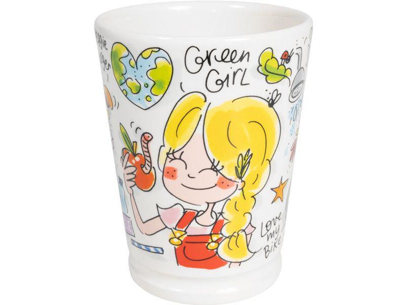 Blond Amsterdam Mazagran mok Green Girl met tekening van blond meisje en 'Love my bike'.