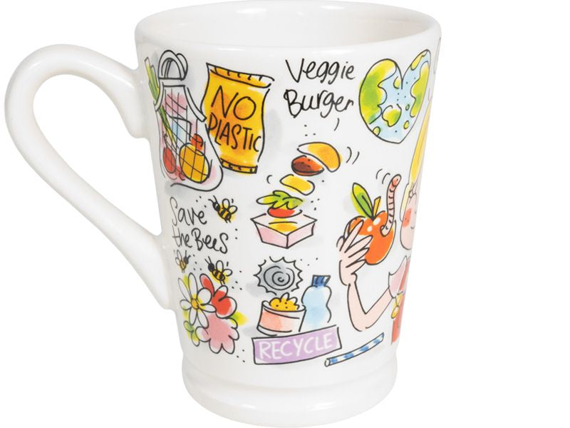 Blond Amsterdam Mazagran mok met oor, decor 'Veggie burger', 'No plastic' en 'Save the bees'.