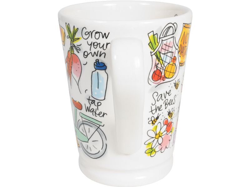 Blond Amsterdam Mazagran mok, achterzijde met 'Grow your own', wortels, fiets en 'Tap water'.