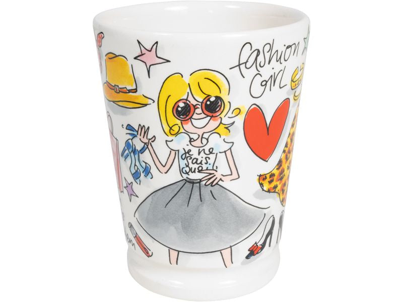 Blond Amsterdam Mazagran mok Fashion Girl met blond meisje in rok en zonnebril.