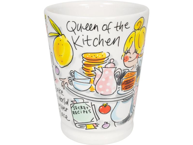 Blond Amsterdam Mazagran mok Queen of the Kitchen met blond meisje, taartjes en etagere