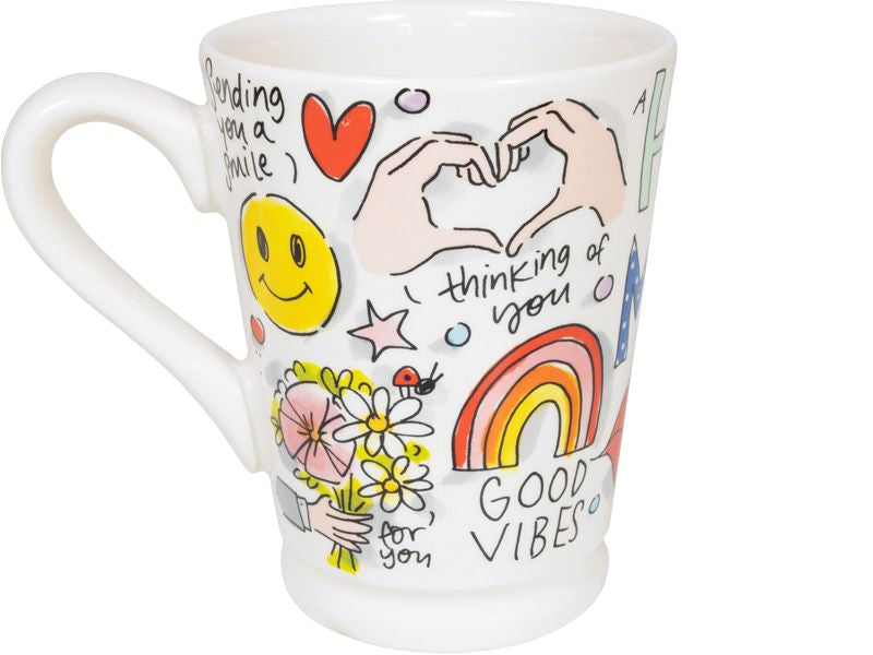 Blond Amsterdam mok met oor, handen als hartje, smiley en tekst Thinking of you en Good vibes