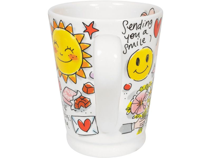 Blond Amsterdam mok, achterzijde met oor, lachende zon, smiley en Sending you a smile