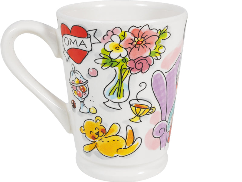 Blond Amsterdam Mazagran mok Oma met oor, bloemen in vaas, teddybeer en hartje met Oma