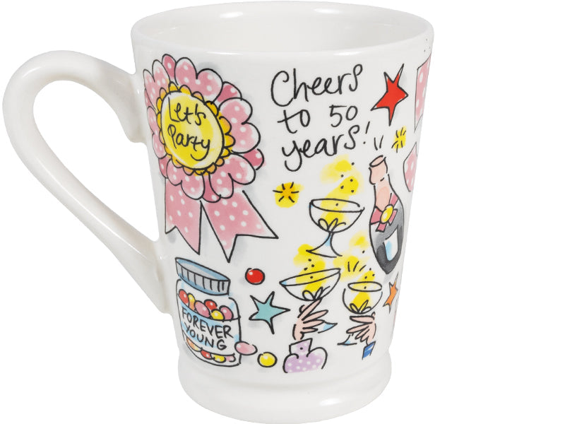 Blond Amsterdam mok met oor, rozet Let's party en tekst Cheers to 50 years met champagne