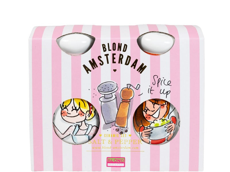 Geschenkdoosje van het Blond Amsterdam Eb Peper- en Zoutstel met roze strepen