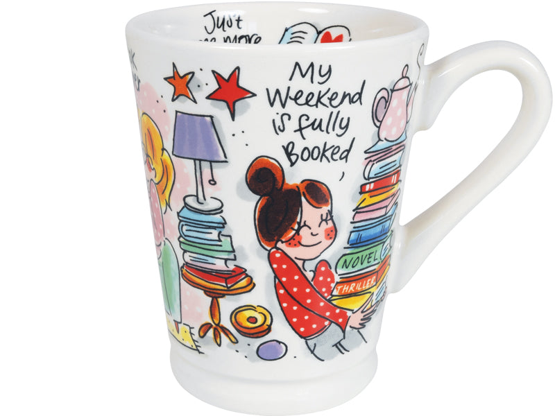Blond Amsterdam Mazagran mok Book Lover met meisje met stapel boeken en My weekend is fully booked