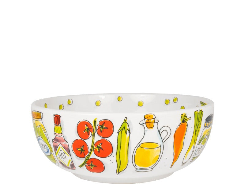 Blond Amsterdam Salad Icons Schaal met tekening van tomaten aan de tros en een fles olijfolie