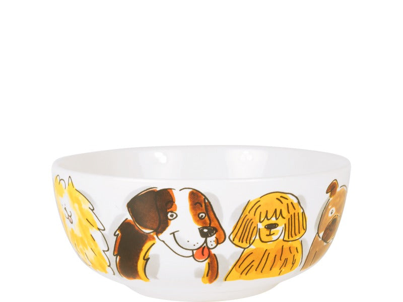 Detail van de kom met een berner-sennenachtige hond en een goudkleurige hond met lange hangoren