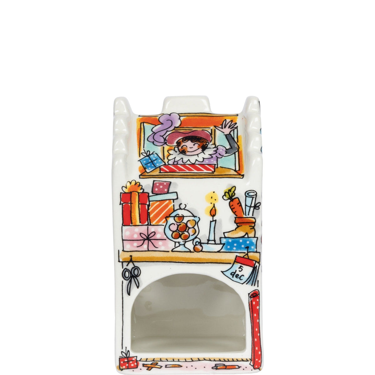 Achterzijde van het lichthuisje met een zwaaiende Piet, een pot pepernoten en een brandende kaars