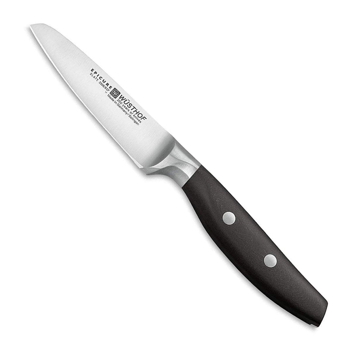 Wüsthof Epicure schilmes van 9 cm met recht lemmet en zwart handvat op witte achtergrond