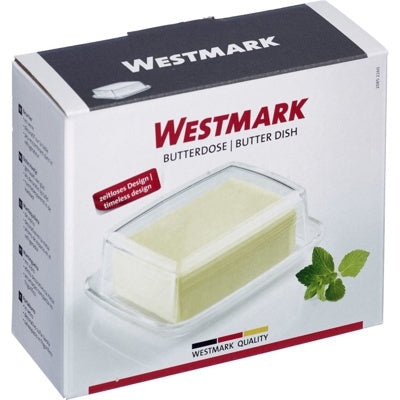 Westmark Botervloot, transparant glas, verpakking met productfoto en muntblaadje