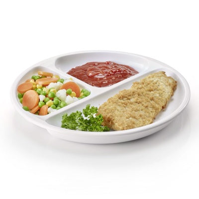 Westmark Magnetron Dinerbord, wit, gevuld met een gepaneerde schnitzel, groenten en ketchup