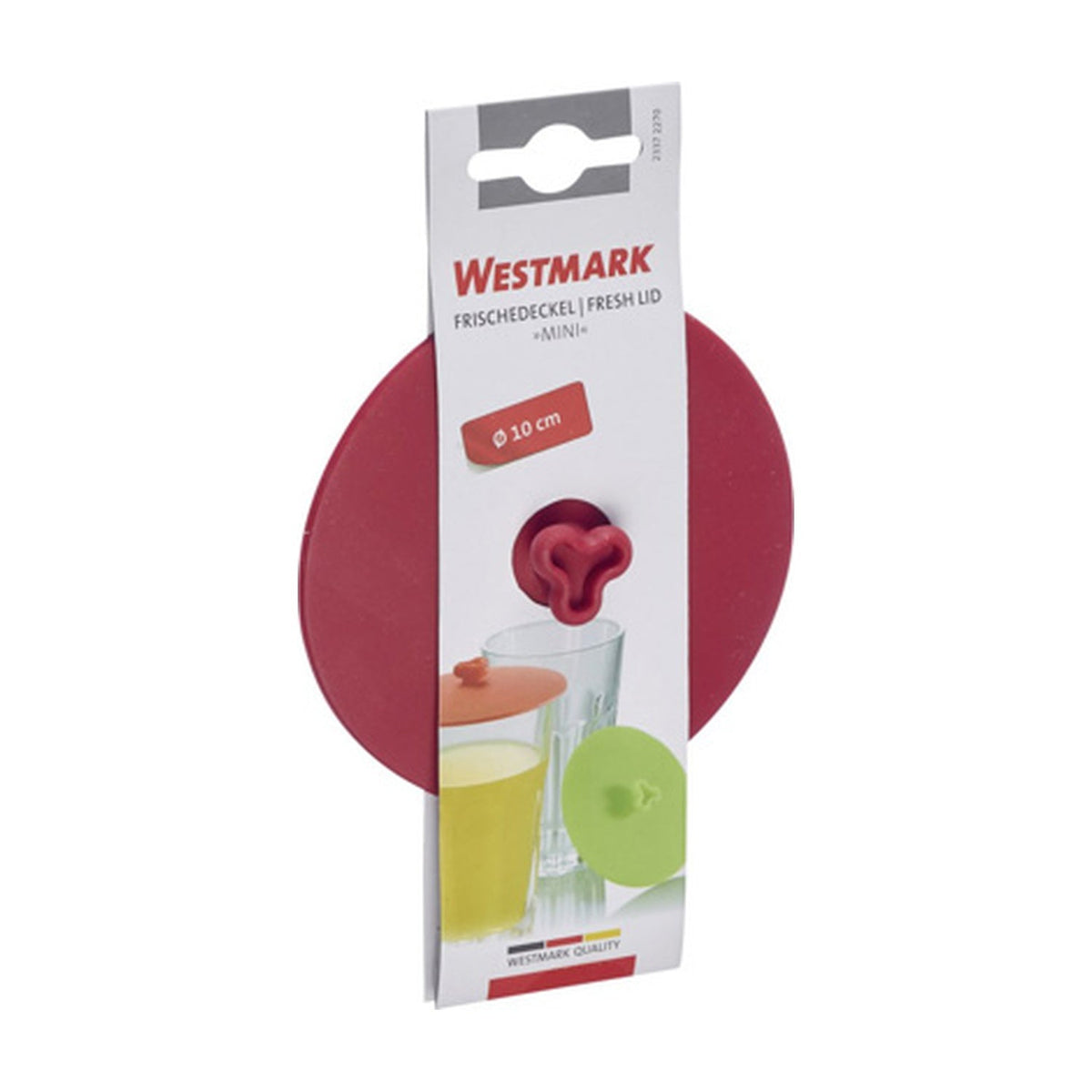 Westmark Siliconen Vershouddeksel Mini - 10 cm, bordeauxrood, silicone deksel met driepuntige greep naast gele en groene variant