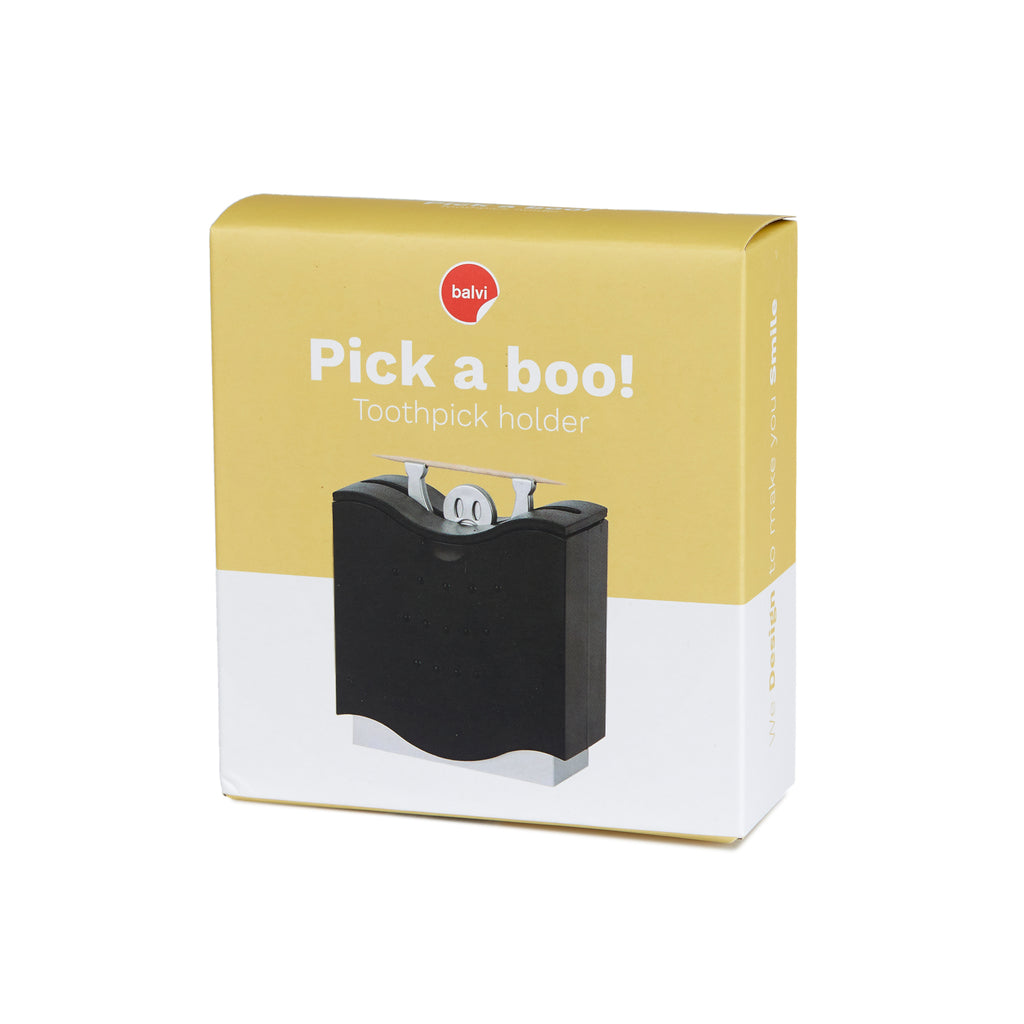 Verpakkingsdoos van de Balvi Pick a Boo tandenstokerhouder tegen witte achtergrond