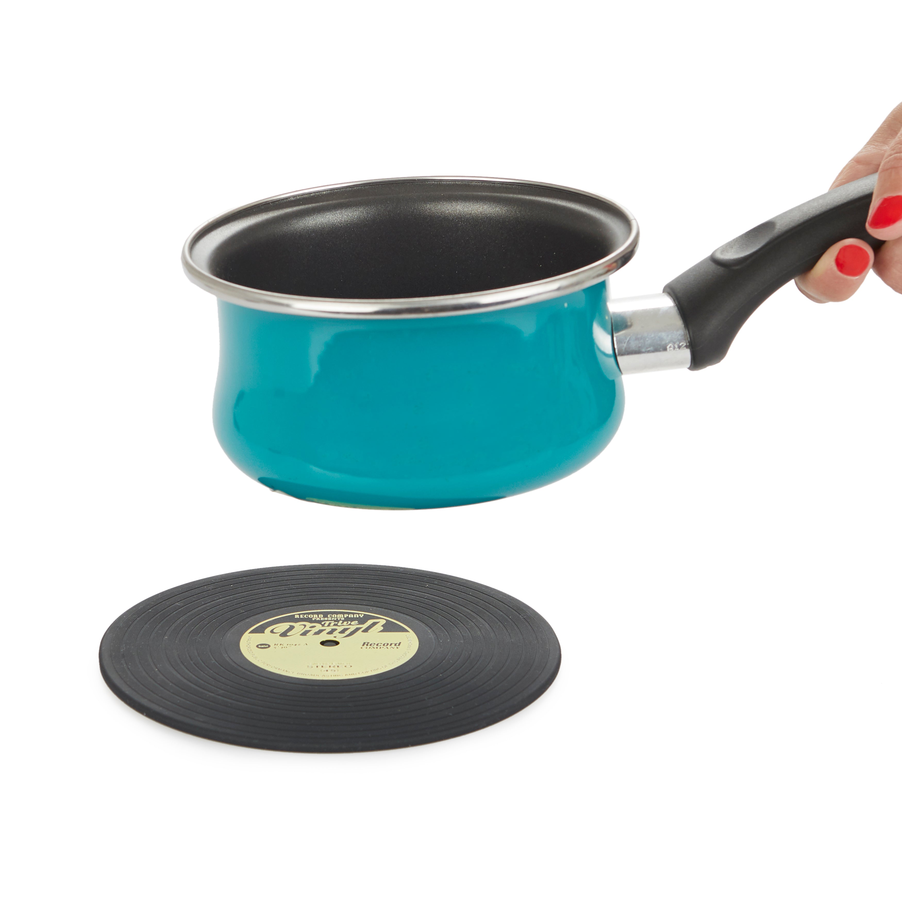 Balvi Pannenonderzetter Vinyl, een hete pan wordt erop gezet