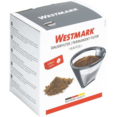 Westmark Permanente Koffiefilter, op witte verpakkingsdoos 'Dauerfilter Größe 4' met foto van het filter gevuld met koffie