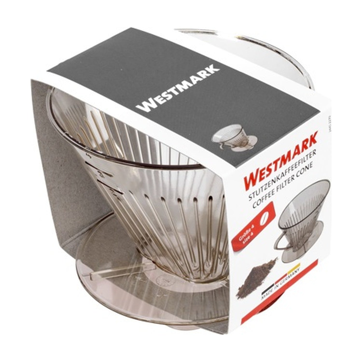 Westmark Koffiefilter met Trechter, zilver, verpakking op doos met doorzichtige rookkleurige filtertrechter en metalen voet