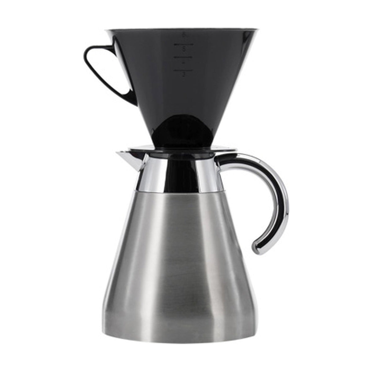 Westmark Koffiefilter 6 Kopjes, zwart kunststof filterhouder bovenop een RVS koffiekan geplaatst