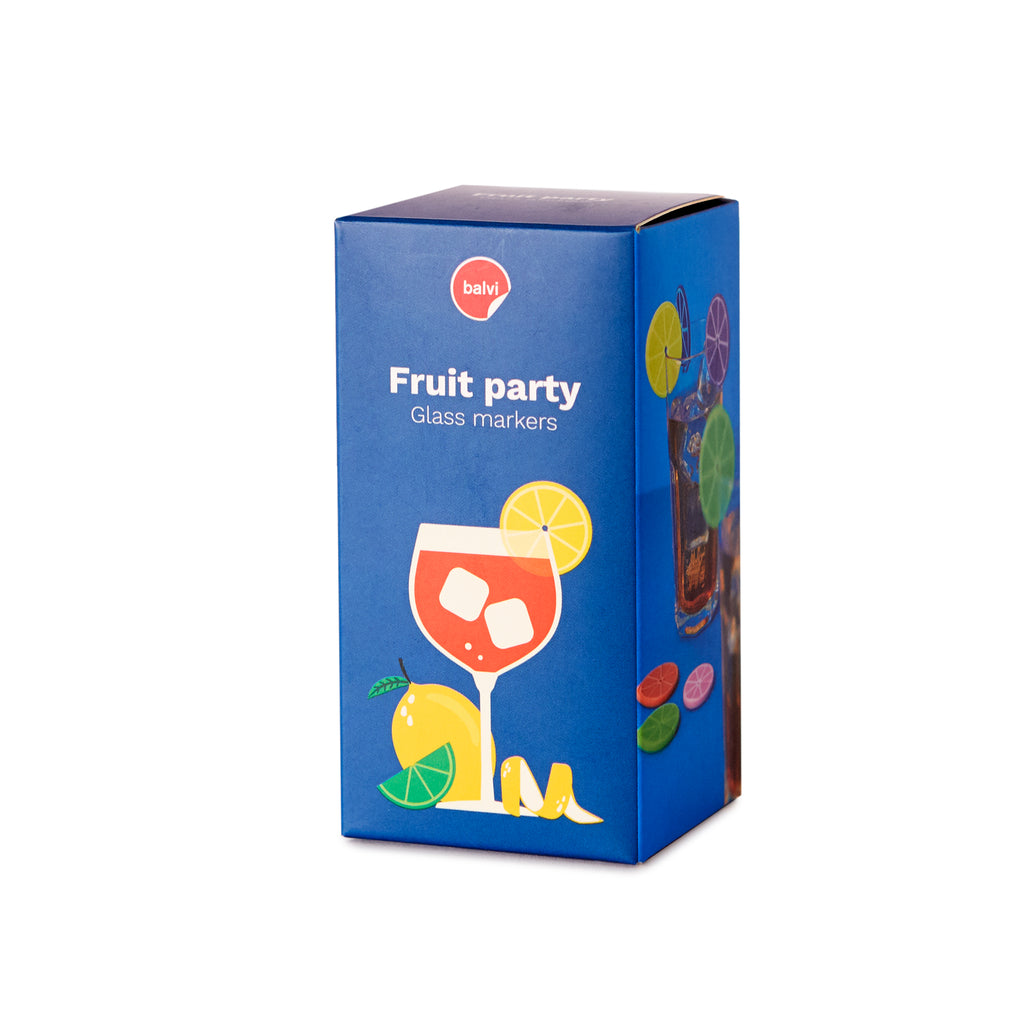 Blauwe Balvi verpakkingsdoos van de Fruit Party glasmarkers tegen witte achtergrond