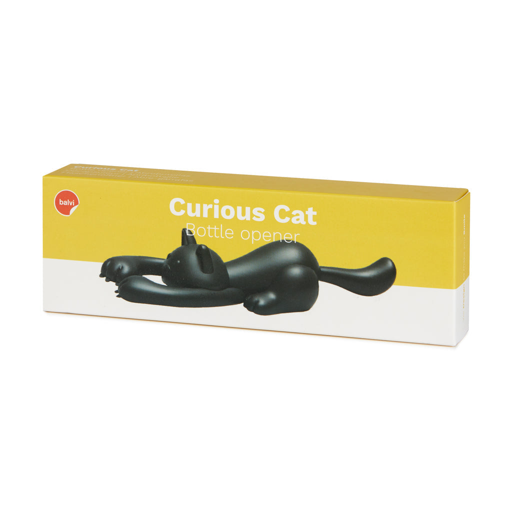 Verpakkingsdoos van de Balvi Curious Cat flesopener met liggende zwarte kat
