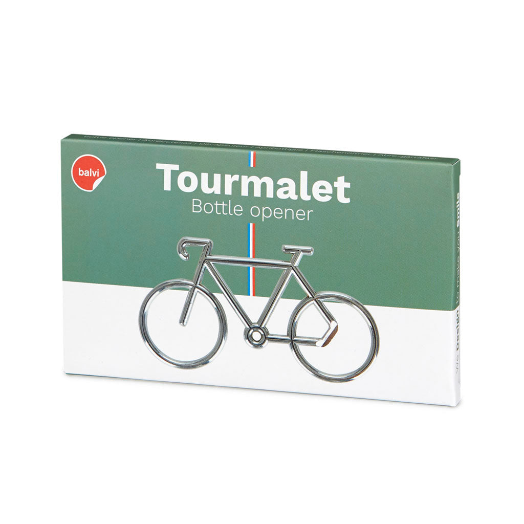 Platte verpakkingsdoos Tourmalet Bottle opener met een zilverkleurige racefiets op een groen en wit vlak