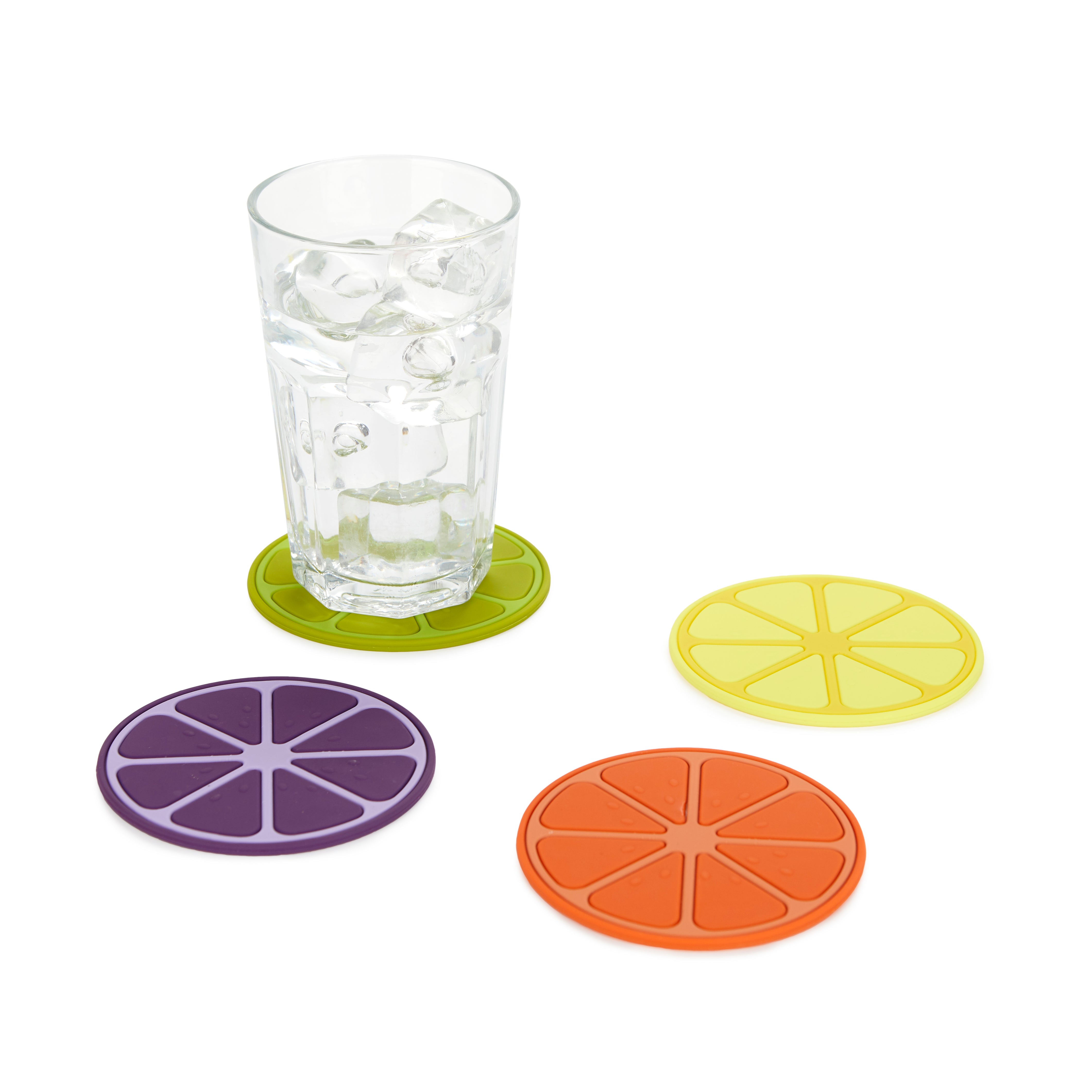 Balvi Onderzetters Fruit Party - 4 stuks, glas op de limoen-onderzetter, de overige 3 ernaast