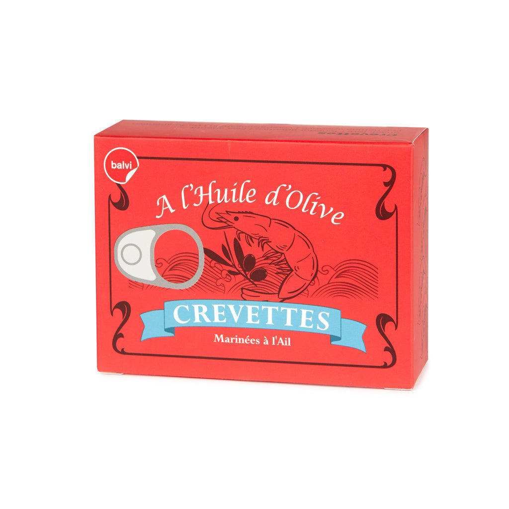Rode kartonnen doos met de opdruk Crevettes en het Balvi-logo, op een witte achtergrond